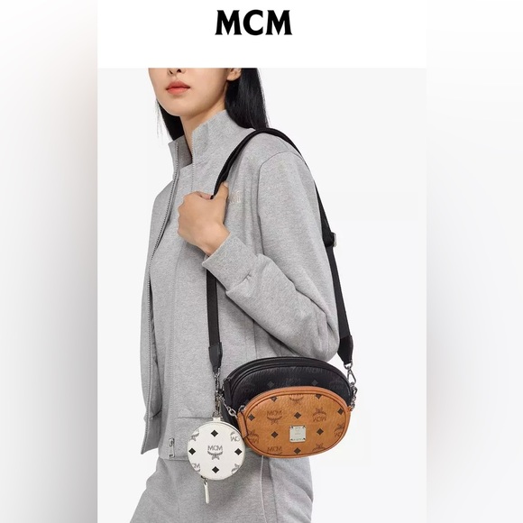 HTF $895 MCM Essential Visetos Double Pochette Crossbody Bag Cognac Black EUC - Picture 16 of 16